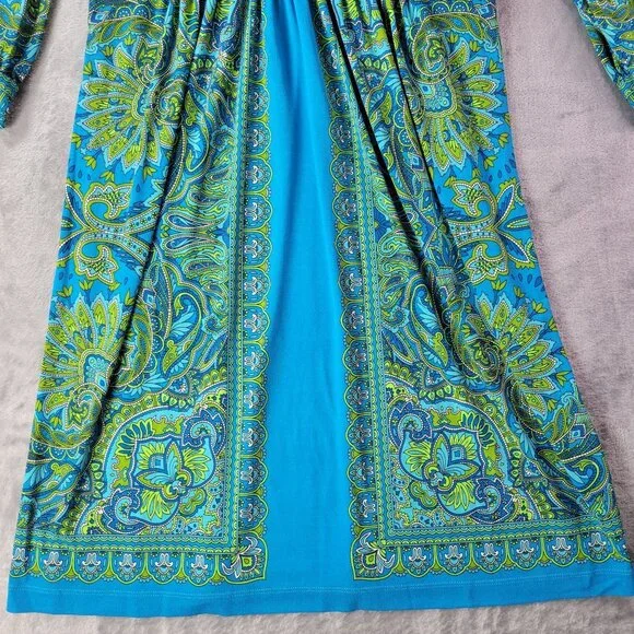 London Times Womens 10 Blue Green Paisley‎ Babydoll Y2K Boho Retro Midi Dress - Picture 3 of 10